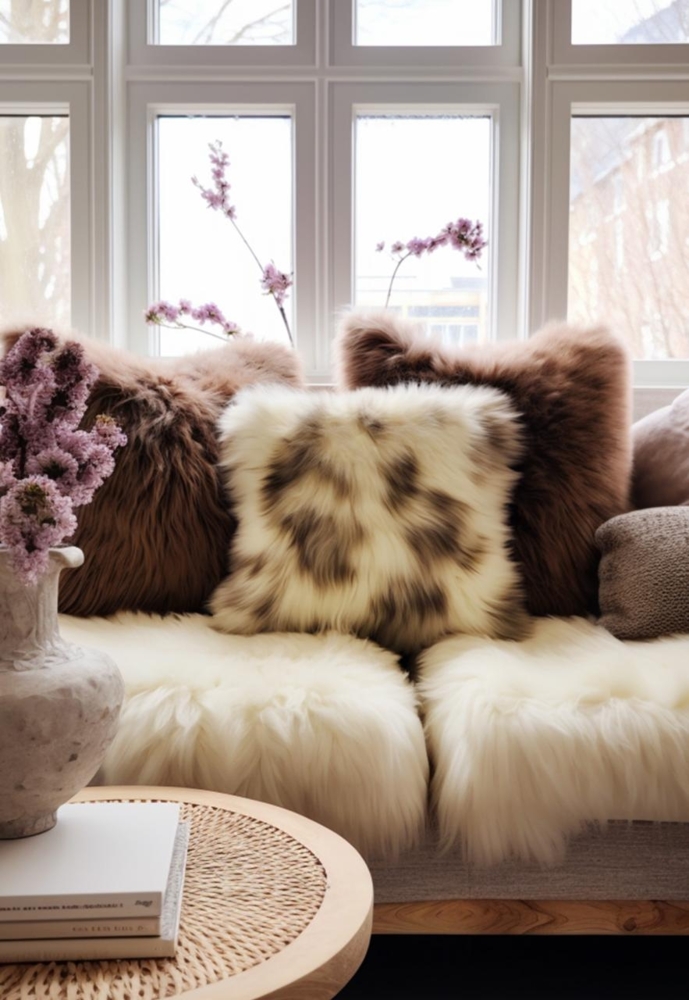 Lammfellkissen Englisch gescheckt ohne Inlett Bild 1