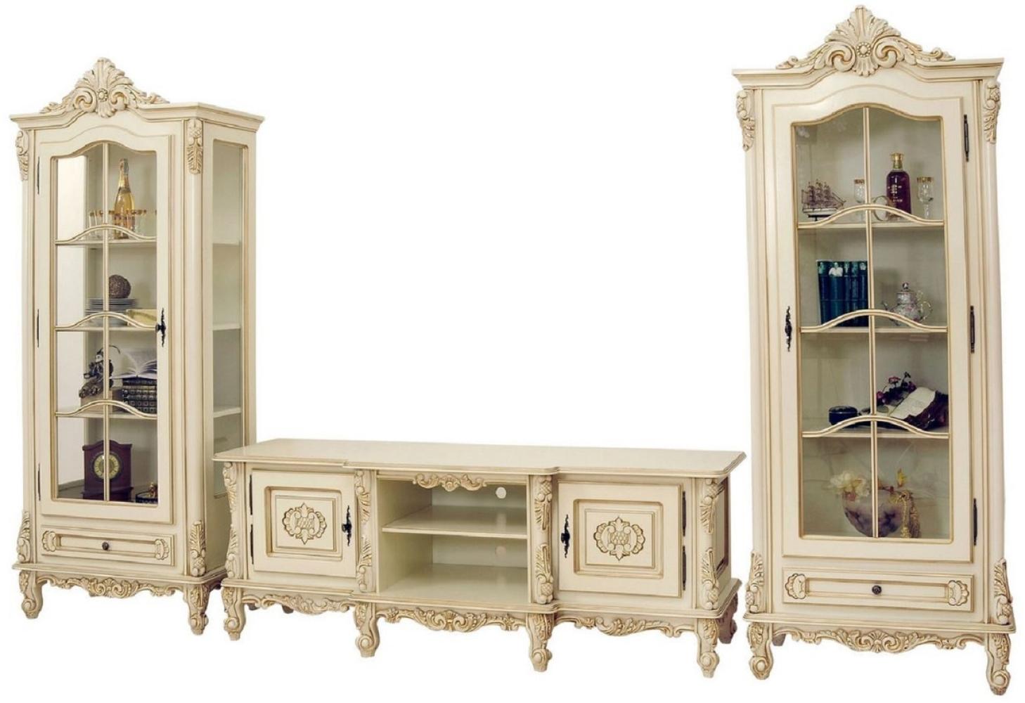 Casa Padrino Luxus Barock Wohnzimmer Set Creme / Beige - 1 Barock TV Schrank & 2 Barock Vitrinen - Luxus Wohnzimmer Möbel im Barockstil - Barock Möbel - Edel & Prunkvoll Bild 1