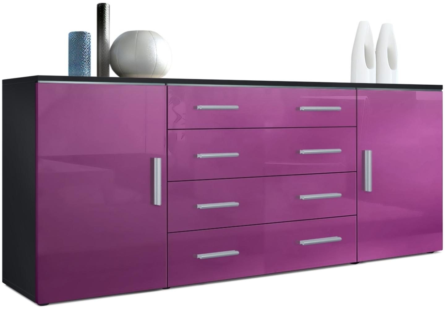 Vladon Sideboard Faro V2, Kommode mit 2 Türen und 4 Schubladen, Schwarz matt/Brombeer Hochglanz (166 x 72 x 35 cm) Bild 1