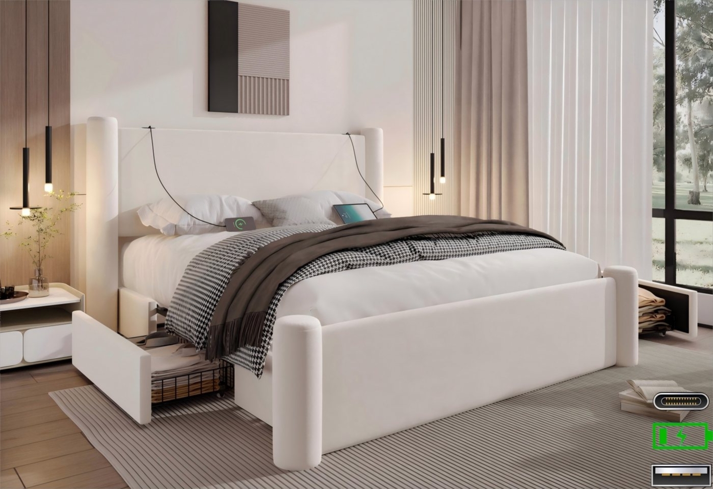 LVHOM Polsterbett 140x200cm/160x200cm Bettgestell, Doppelbett/Straumbett/Funktionsbett (2 Stauraumschubladen, integrierten USB/Typ C-Ladeports, Samt, dick gepolstertem Kopfteil, stabilen Stützsäulen, modernem Design, für maximalen Komfort und Funktiona... Bild 1