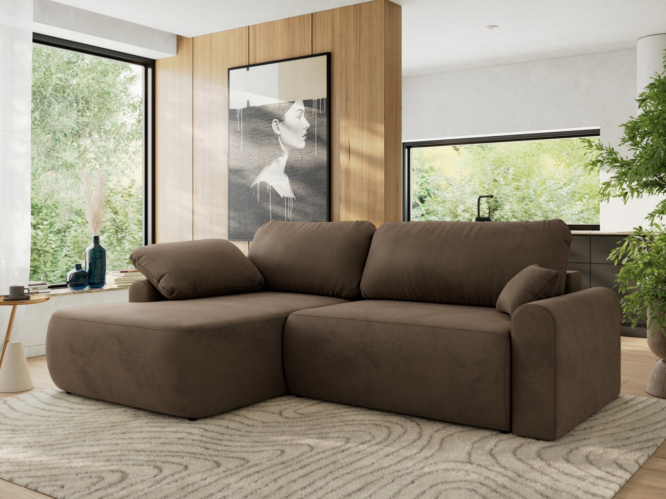 Ecksofa, L-förmiges, lose Kissen, DL-Schlaffunktion, (H 100 x T 187 x B 273 cm) - CUBO L - Velours Braun - linke Seite Bild 1