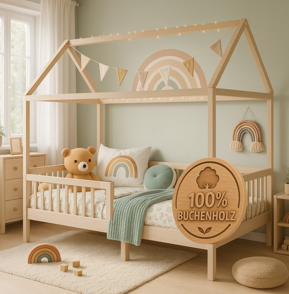 Alavya Home® Hausbett CLOUD aus 100% FSC®-zertifiziertem Buchenholz – Bestseller & beliebt! (SET Kinderbett 80x160, inklusive Buchablage Rausfallschutz und Lattenrost), Hausbett 80x160cm für Mädchen und Jungen aus Massiv Buchenholz Bild 1