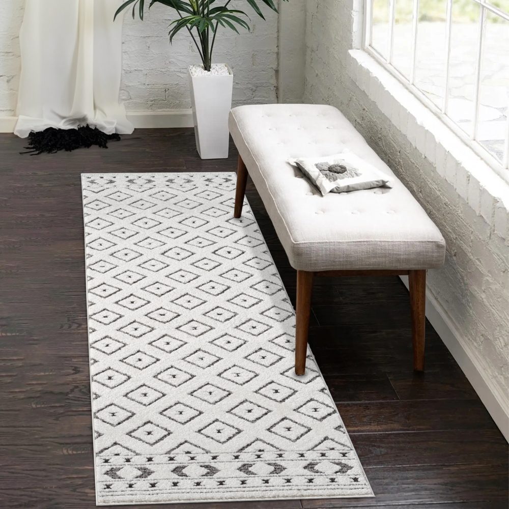 Teppich Läufer - 80x150cm Creme-Grau Bodenbelag Hochtief Struktur Flachflor - Raute Muster Boho Design Wohnteppich Bild 1