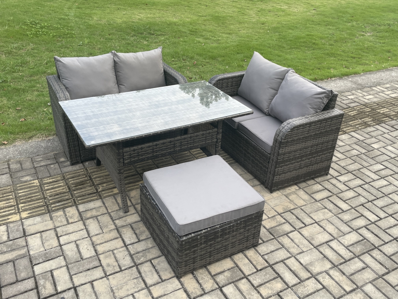 Fimous Terrassenmöbel Set Polyrattan Langer rechteckiger Esstisch und Loveseat Sofa set mit Großer Fußhocker Dunkelgrau gemischt Bild 1