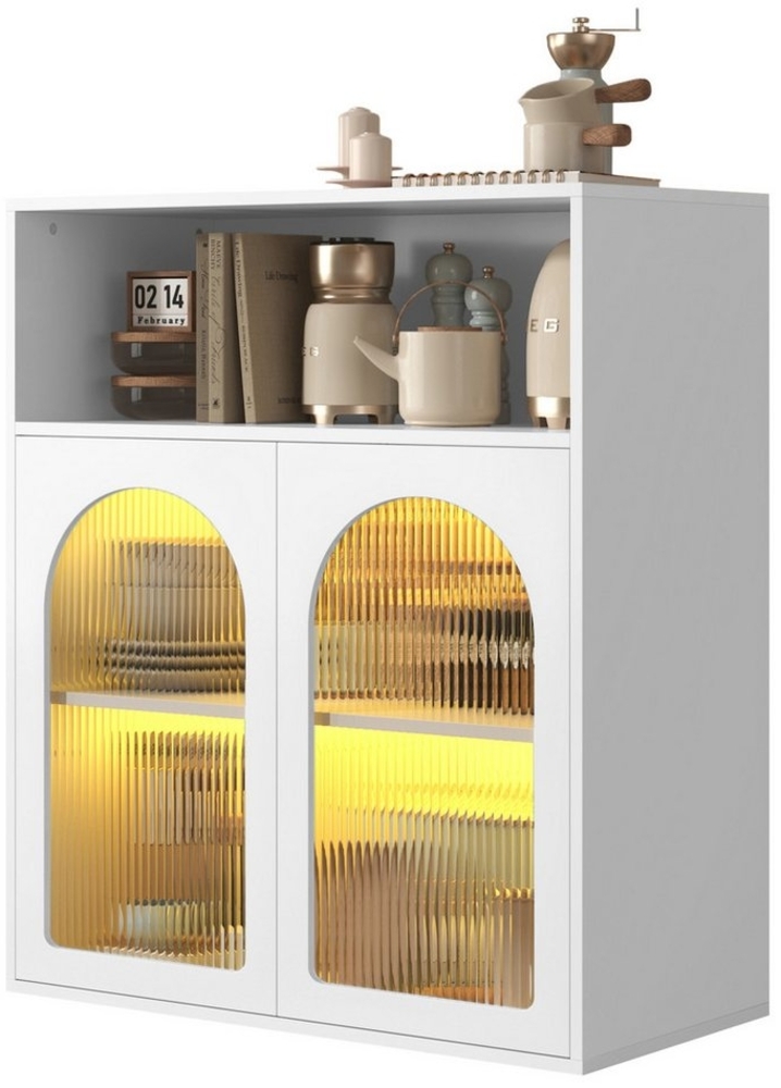 MODFU Sideboard mit 2 Türen und 1 offene Fach (unabhängiger Holzschrank, Aufbewahrungsschrank, 1 St, geeignet für die Küche, Wohnzimmer), mit Glastür und LED-Licht, 70 x 35 x 90 cm Bild 1