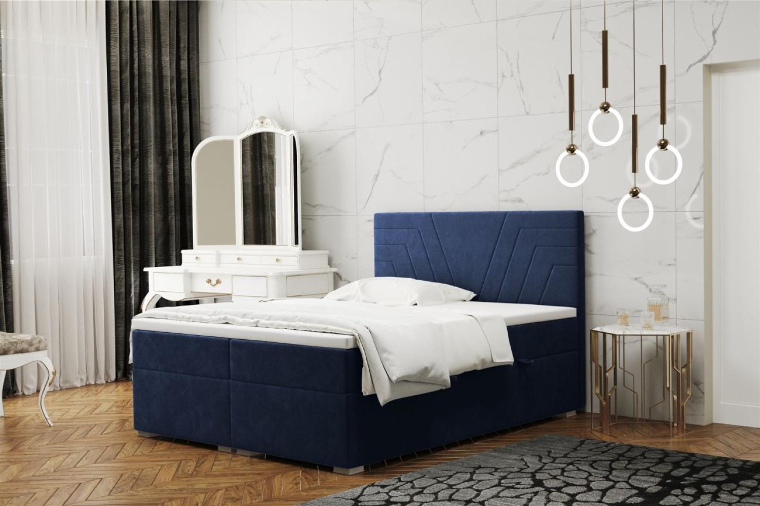 Boxspringbett Schlafzimmerbett RAMON 140x200cm in Stoff Matt Velvet Dunkelblau Bild 1