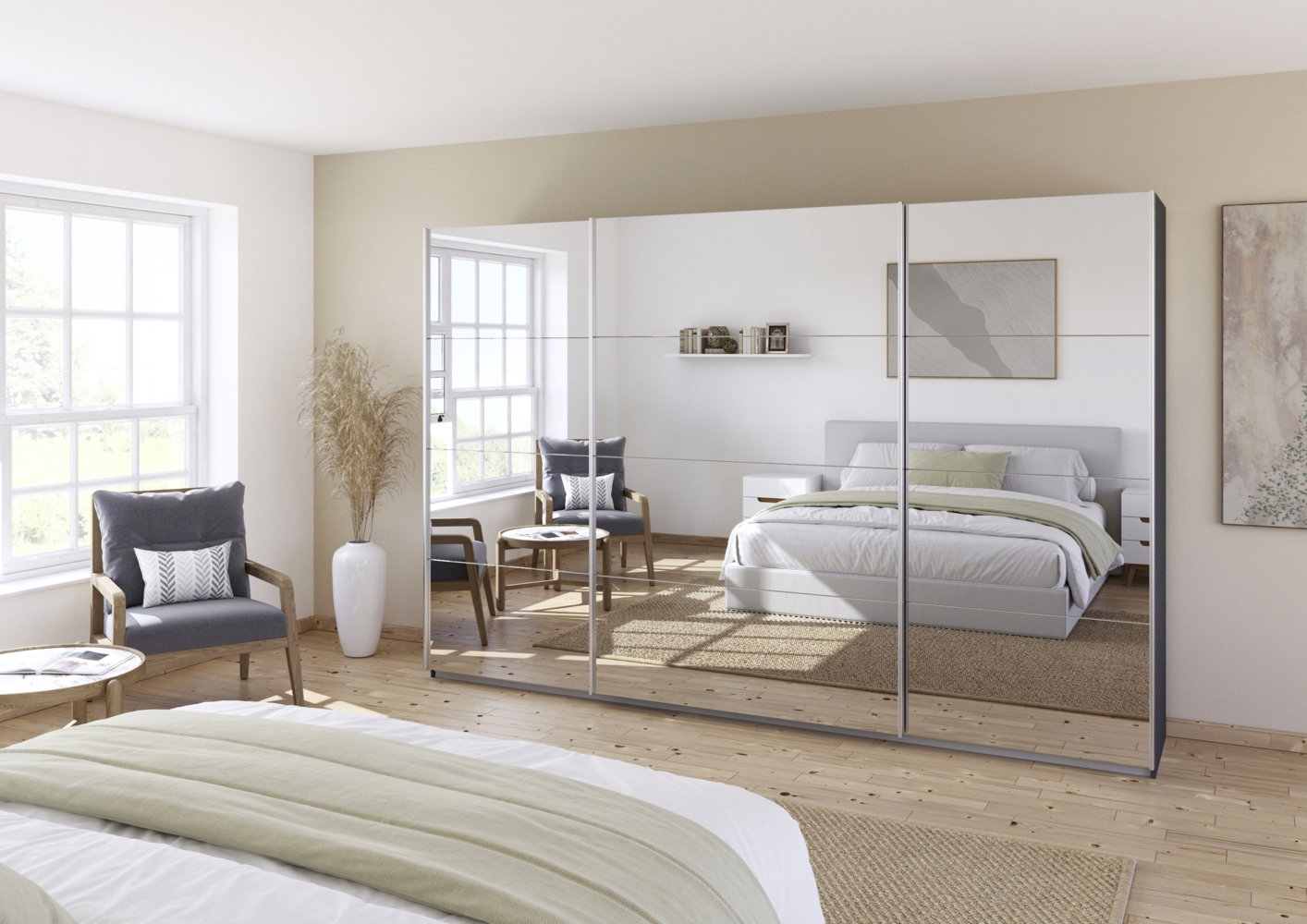 rauch Quadra, Kleiderschrank, Schiebetürenschrank, 3-türig, mit Spiegel, mit 4 Kleiderstangen und 8 Einlegeböden, Farbe Grau metallic, BxHxT 315x229x62cm Bild 1