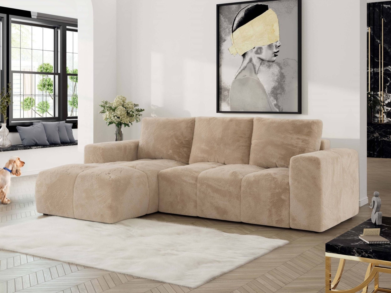 Ecksofa mit Schlaffunktion und Bettkasten, L-form Couch, lose Kissen, Polstersofa - MONIVA - Beige Plüsch - linke Seite Bild 1