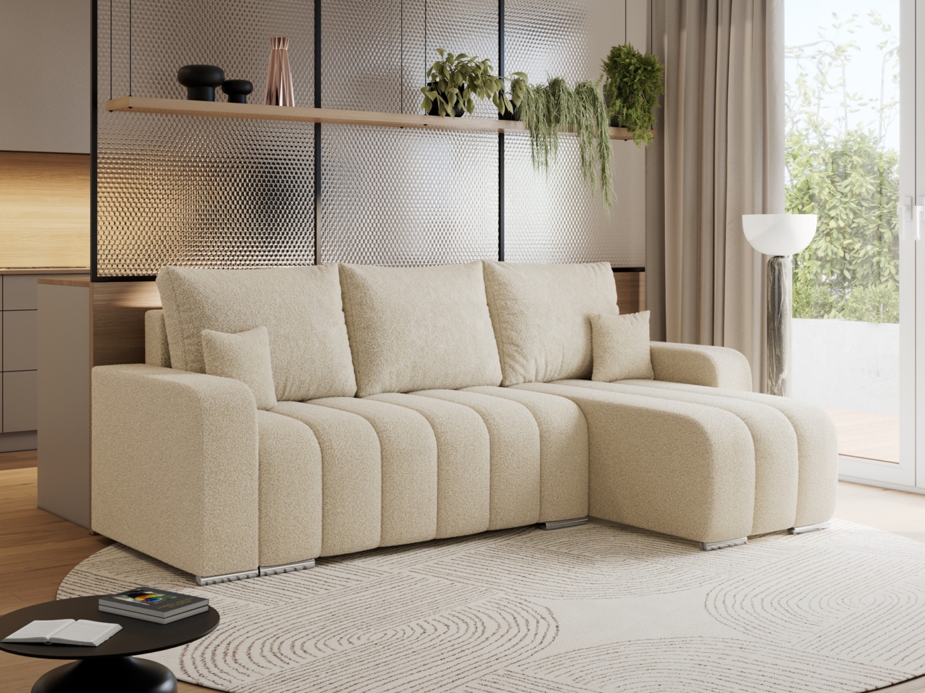 Universelles Ecksofa in Streifen genäht mit Schlaffunktion und Bettkasten, modern Stil - KIRASSO - Beige Boucle Bild 1