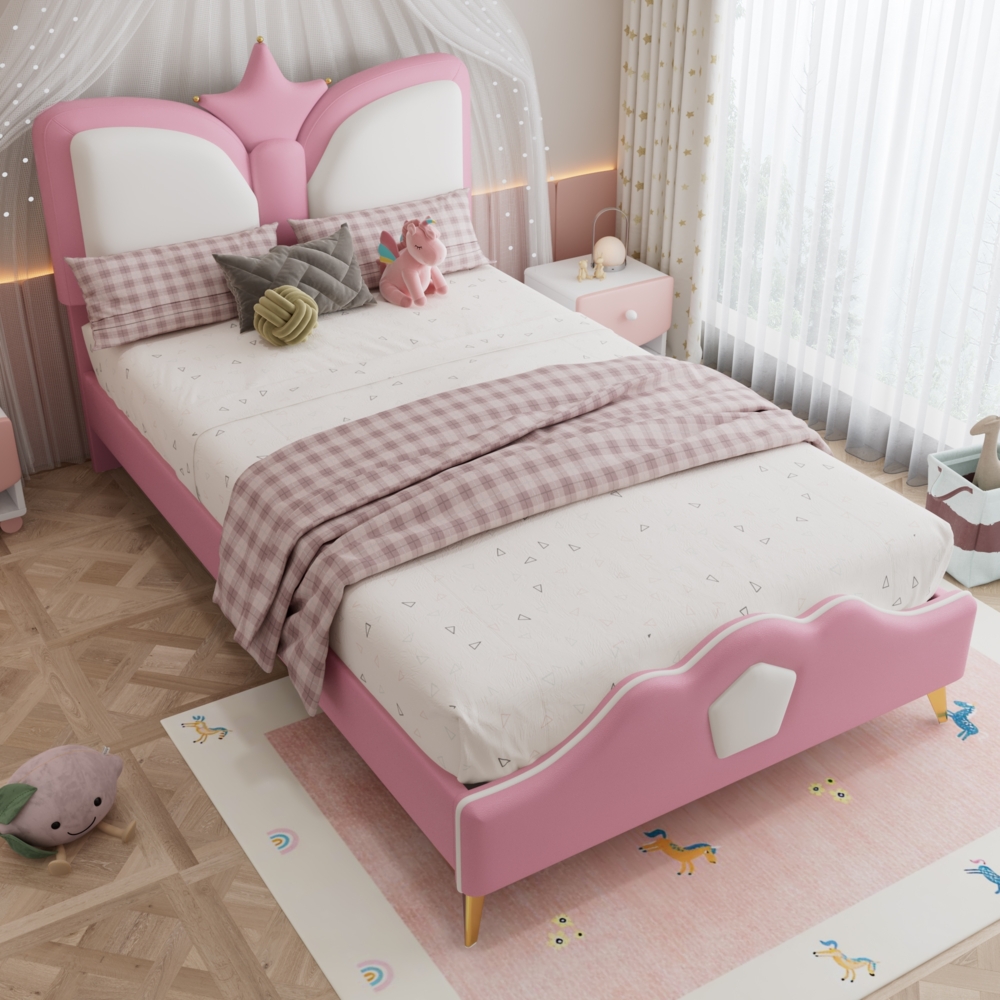 Merax Polsterbett, 90 x 200cm Einzelbett, Kinderbett, Kopfteil mit Kronenform, Weiche Antikollisions-Schwammkante und Kopfteil, Rosa+Weiß Bild 1