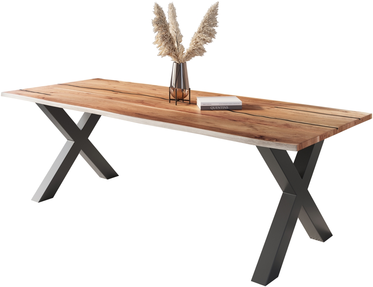 Baumkantentisch Akazie mit schwarzen Resin-Adern naturfarben 300 x 100 cm X-Gestell schwarz POLLY 92383375 Bild 1