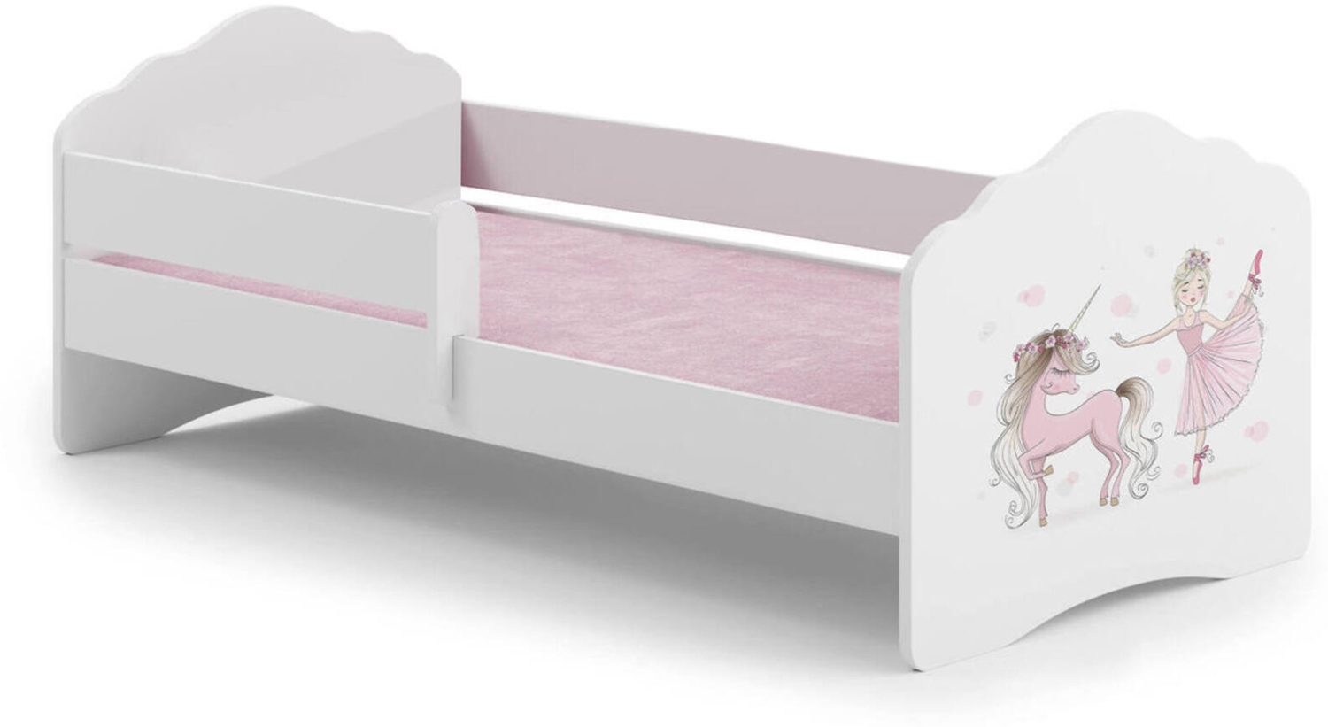 Dmora Kinderbett Seymour, Kinderbett für Schlafzimmer, Einzelbett mit Kommoden, Struktur mit ausziehbarem Bett, 78x144 h65 cm, Weiß mit Einhorn Bild 1