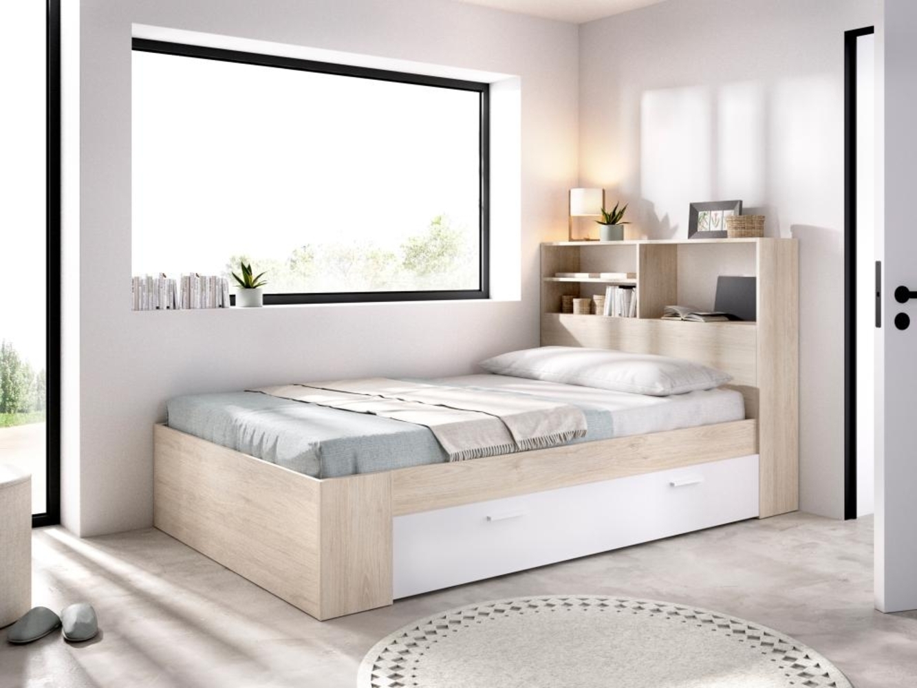 Vente-unique - Bett mit Stauraum - 120 x 190 cm - Holzfarben & Weiß - VARDIEL Bild 1