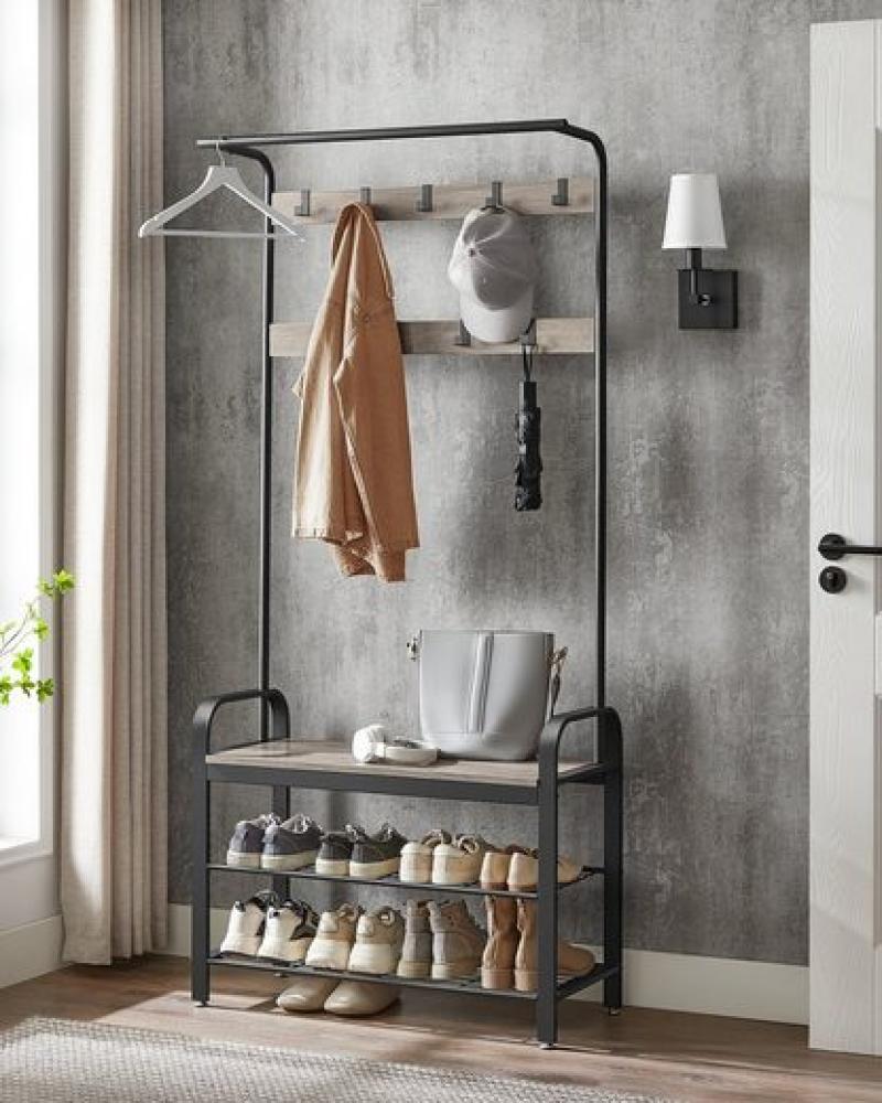 Vasagle Garderobenständer, Garderobe, Schuhregal mit Sitzfläche, Kleiderständer mit 9 abnehmbaren Haken, Sitzbank, 2 Gitterablagen, 183 cm hoch, Industrie-Design, Greige-Black HSRDE400B02 Bild 1