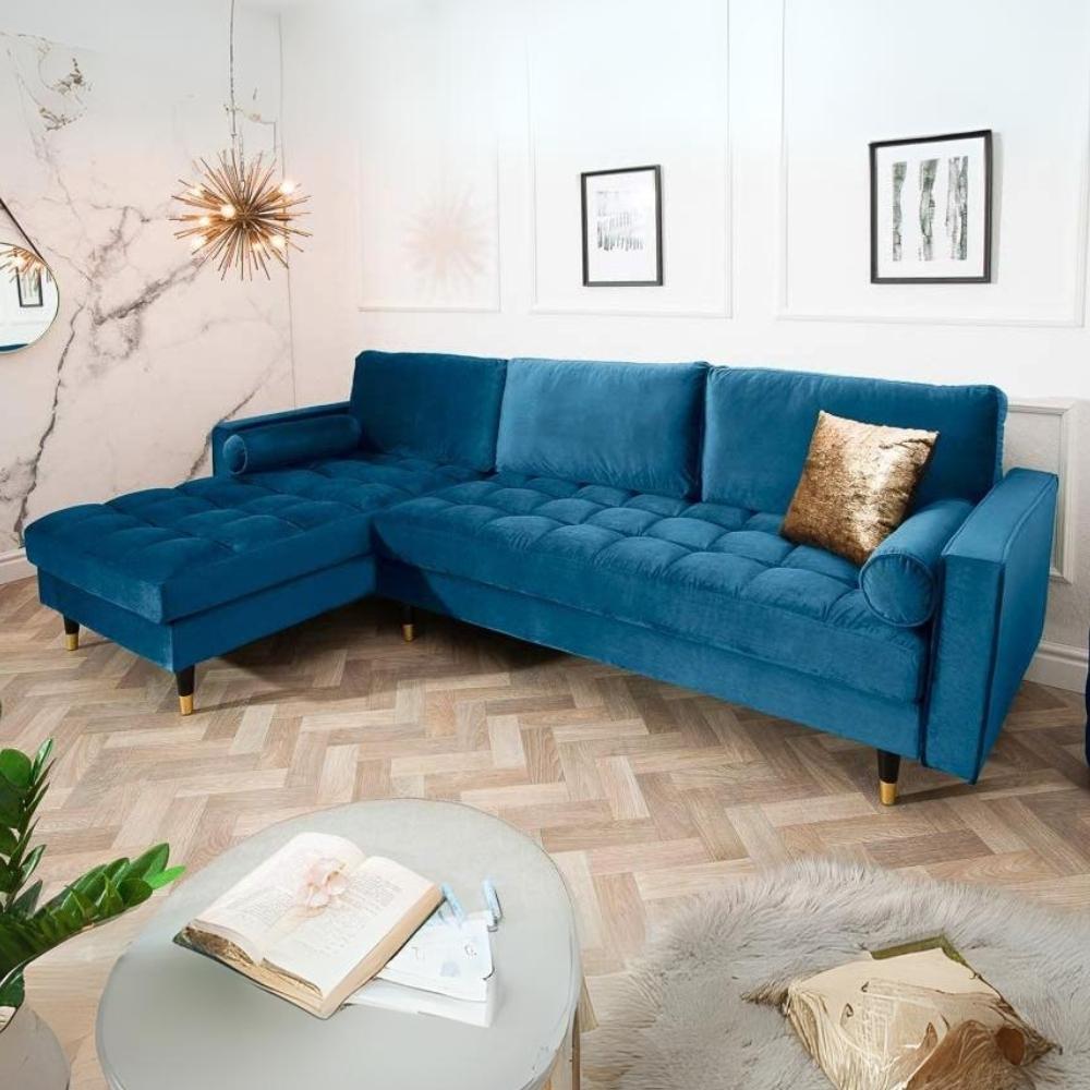 Ecksofa 260cm Ottomane beidseitig COMFORT blau Samt Federkern Design Elegant Lounge Bild 1