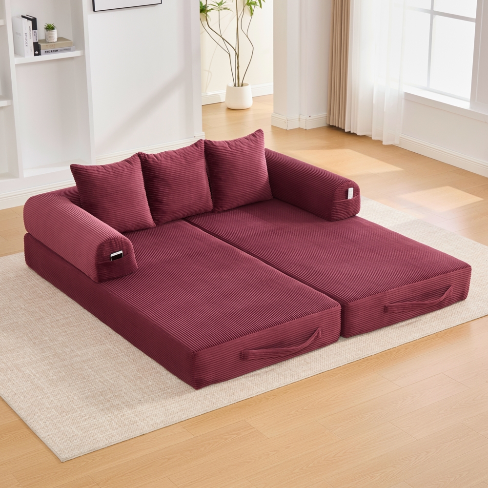 LVHOM Schlafsofa 3 Sitzer, Klappsofa mit Schlaffunktion, Bodensofa, Polstersofa aus CordStoff, Schlafcouch dauerschläfer, frei Kombination, 200x94x67 cm, Weinrot Bild 1