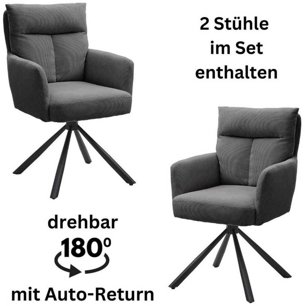 SOFIA Esszimmerstühle 2er Set mit schwarzem Metallgestell und Cord Bezug, Grau - Bequeme Stühle für Esszimmer & Wohnzimmer - 60 x 93 x 67 cm (B/H/T) Bild 1