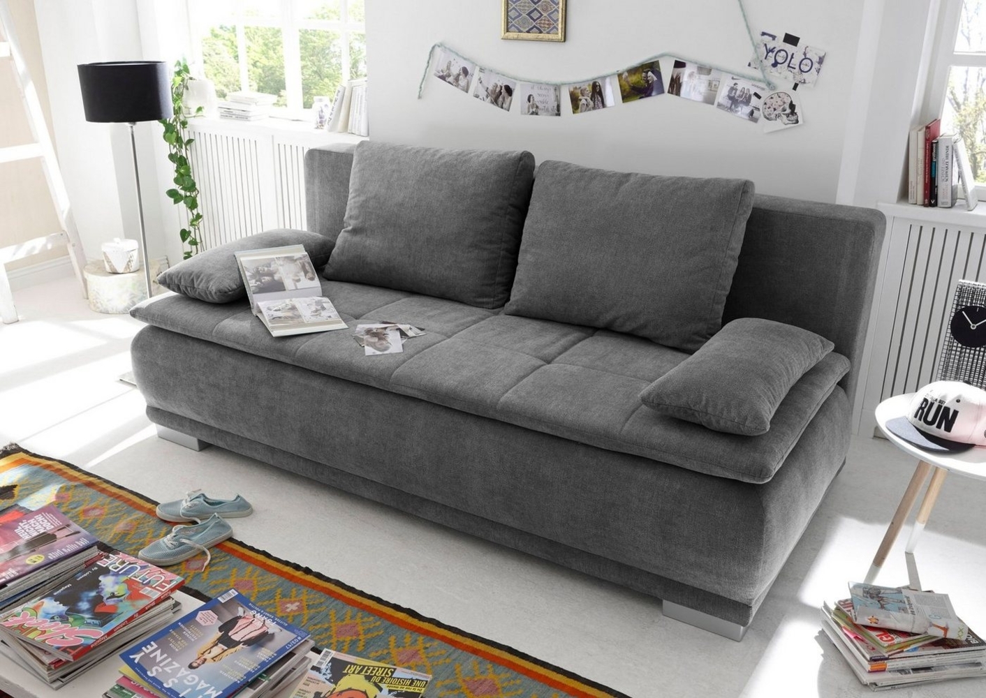 LUIGI Bequemes Schlafsofa mit Bettkasten, Stoffbezug Dunkelgrau - Klappbares Sofa mit Schlaffunktion und fest vernähtem Schaumtopper - 211 x 93 x 103 cm (B/H/T) Bild 1