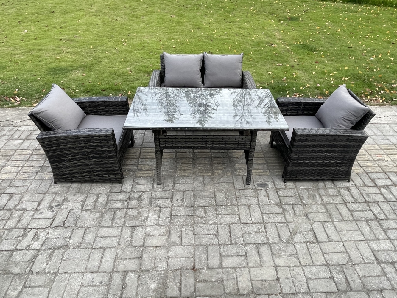 Fimous Polyrattan Gartenmöbel Set Terrassenmöbel Set mit Rattan Rechteckiger Esstisch Lounge Sofa Dunkelgrau gemischt Bild 1