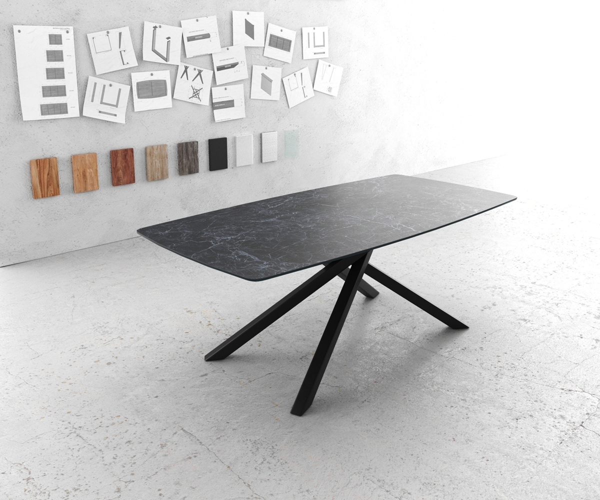 Esstisch Edge Bootsform 200x100cm Laminam® Keramik Nero Greco Anthrazit Mittelfuß Kreuz Schwarz Bild 1