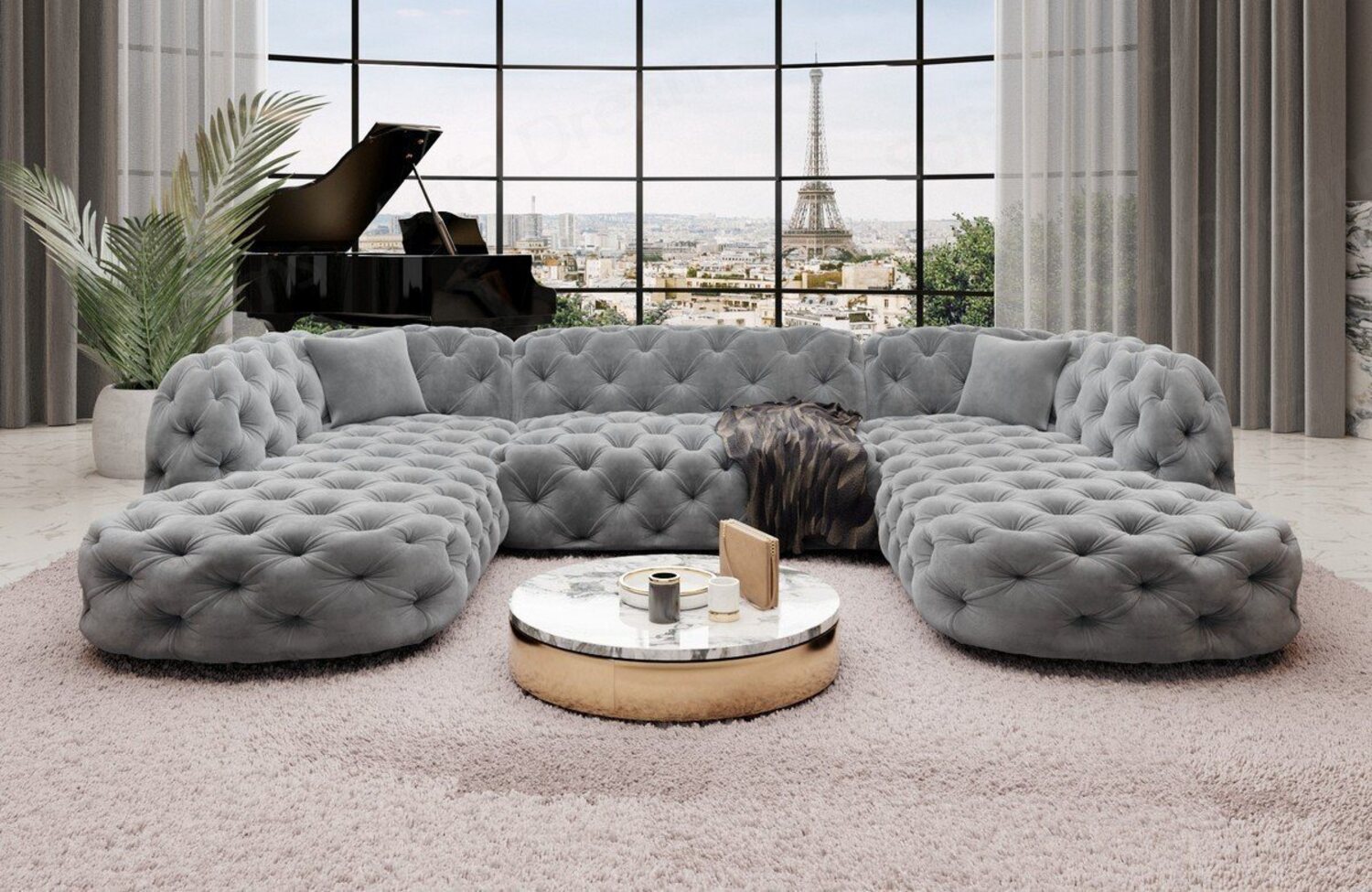 Sofa Dreams Wohnlandschaft Samtstoff Sofa Designer Couch Lanzarote U Lounge Stoffsofa, Couch im Chesterfield Look Bild 1