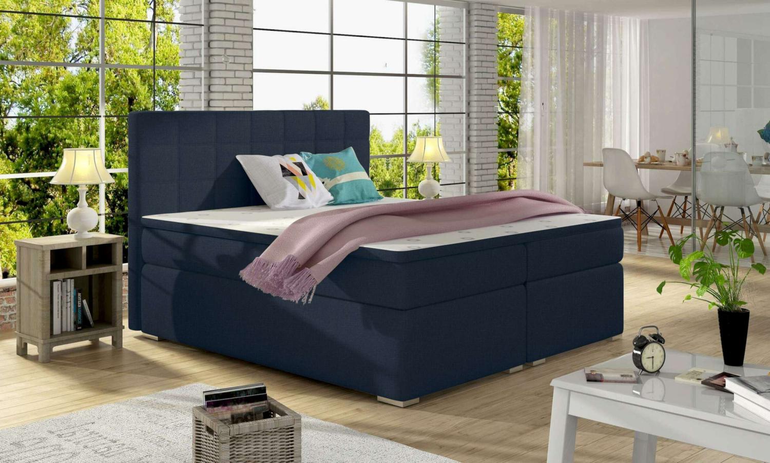 99rooms Neptune Boxspringbett Dunkelblau Strukturstoff INARI 140x200 cm Bild 1