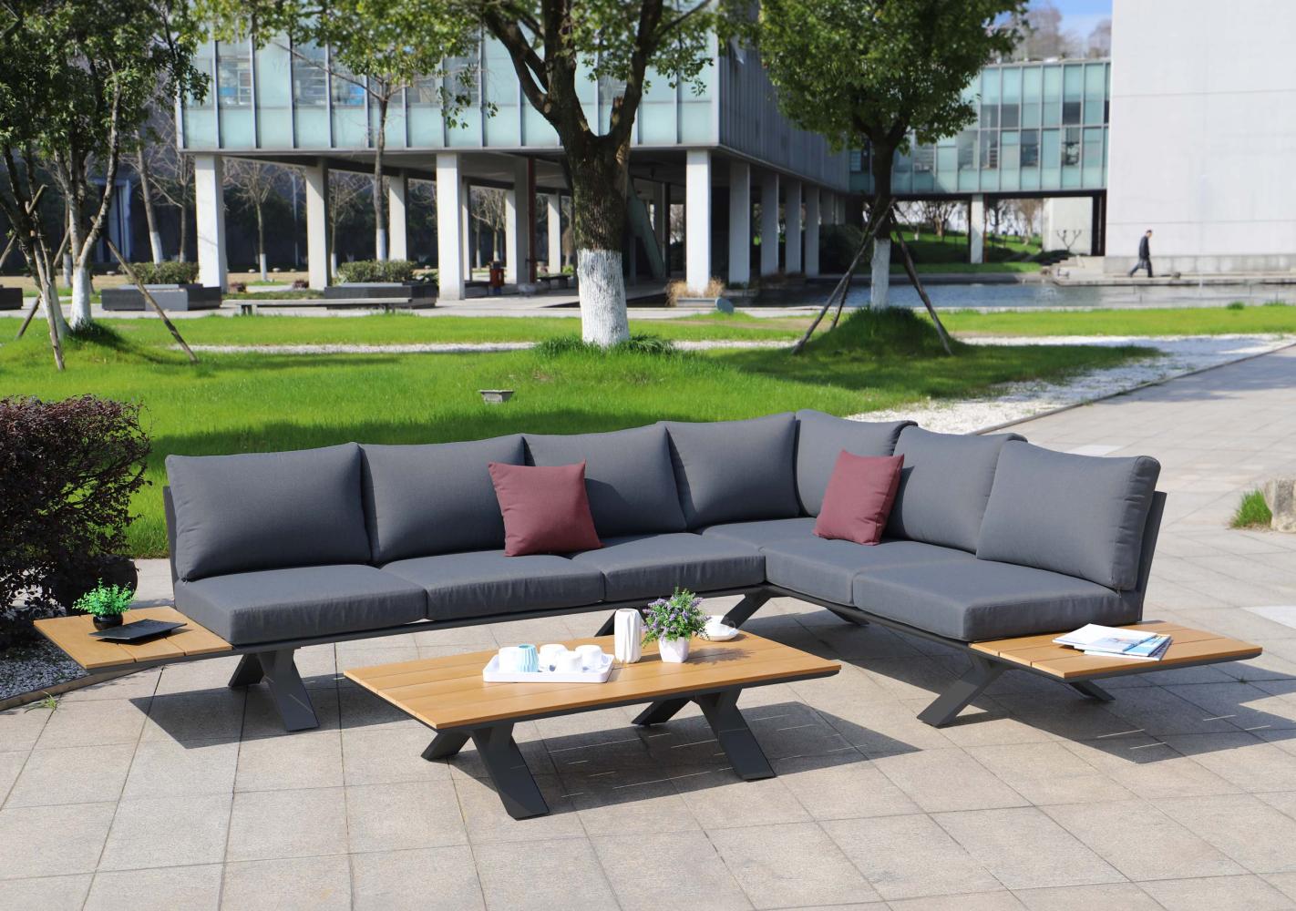 Aluminium Garten-Garnitur HWC-M62, Sitzgruppe Garten-/Lounge-Set Sofa, Holzoptik ~ Gestell anthrazit, Polster dunkelgrau Bild 1