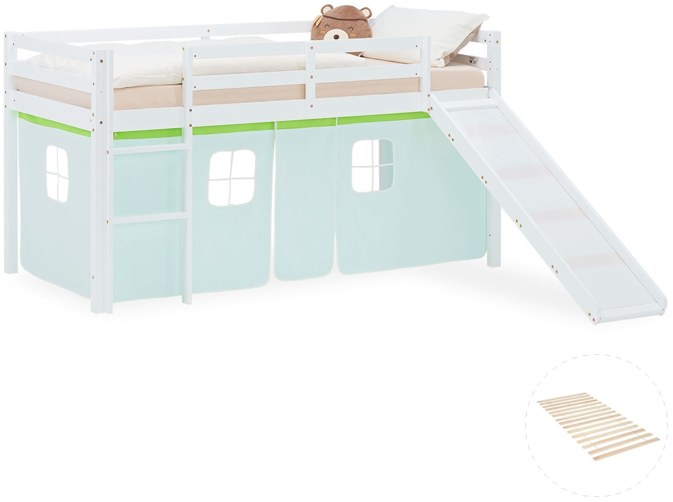 Hochbett Kinder 90x200 cm mit Lattenrost Rutsche Kinderbett Stockbett Vorhang Grün Leiter Holz Massiv Bild 1