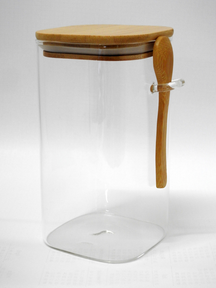 Zellerfeld Trendmax 1300ml Vorratsdose mit Luftdichtem Verschluss Bambusdeckel Behälter Glas Dose mit Löffel zum Servieren von Tee, Kaffee, Gewürz und mehr, Eckig Bild 1