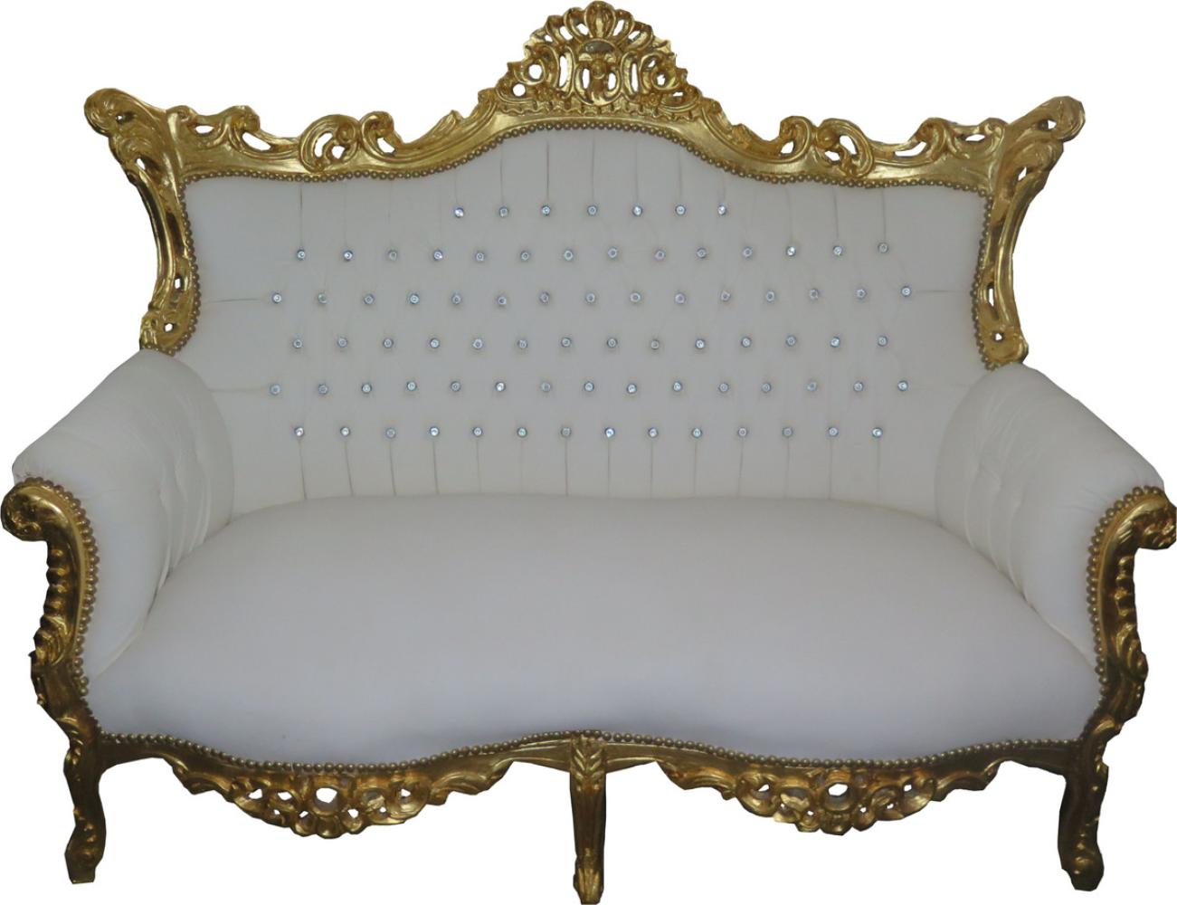 Casa Padrino Barock 2-er Sofa Master Weiß Lederoptik / Gold mit Bling Bling Glitzersteinen - Antik Stil Möbel - Limied Edition Bild 1