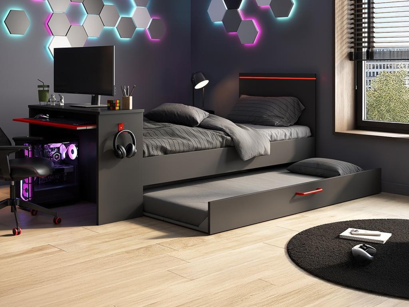 Vente-unique - Ausziehbett Gamer mit Schreibtisch & LEDs + Lattenrost - 2 x 90 x 200 cm - Anthrazit & Rot - VOUANI Bild 1