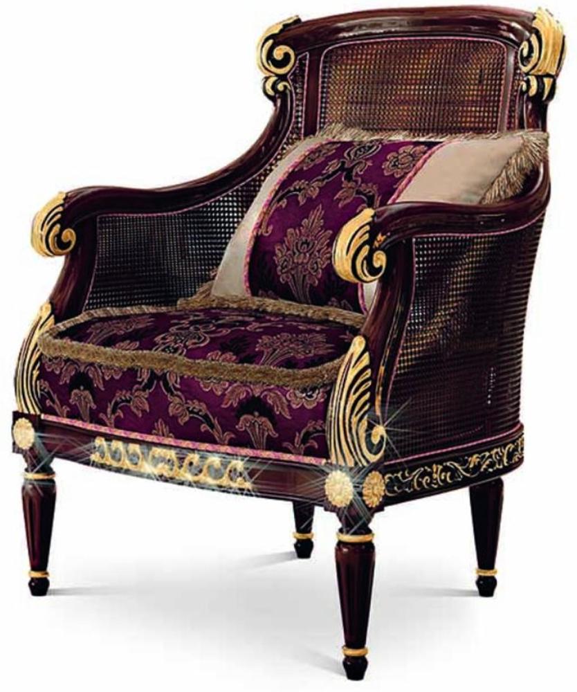 Casa Padrino Luxus Barock Sessel Lila / Braun / Gold - Barockstil Wohnzimmer Sessel mit elegantem Muster - Barock Möbel - Barock Wohnzimmer & Hotel Möbel - Luxus Qualität - Made in Italy Bild 1