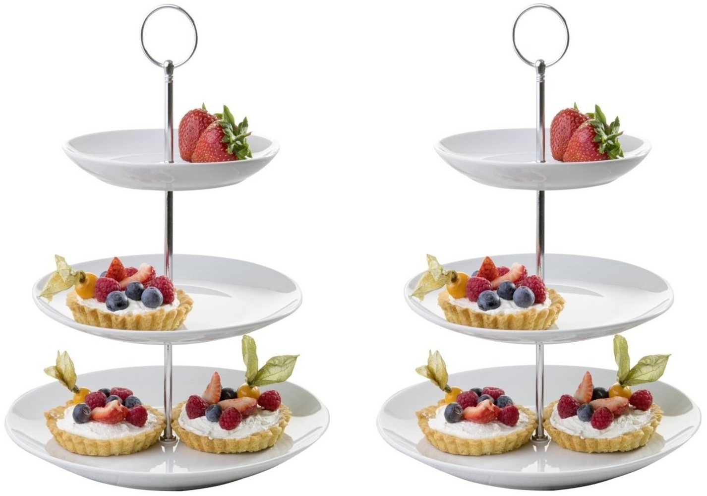 Home4You Etagere Servier-Ständer, 2er Set, H 37 cm, Weiß, 3 Etagen, Porzellan, Ø 26 cm, für Obst, Süßigkeiten, Kuchen, Desserts Bild 1