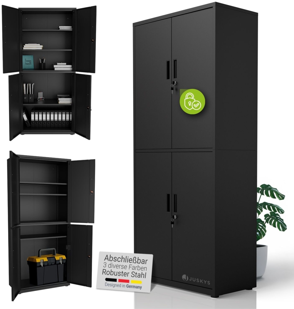 Juskys Aktenschrank aus Metall – 180x80x40 cm abschließbarer Büroschrank aus Stahl mit 3 verstellbaren Einlegeböden, höhenverstellbare Füße - Schwarz Bild 1