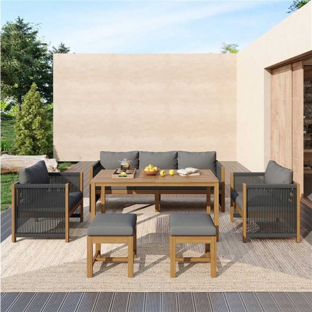 Flieks Gartenlounge-Set, 7-Sitzer Gartenmöbel Essgruppe Sitzgruppe Seil mit Akazienholz Tisch Bild 1