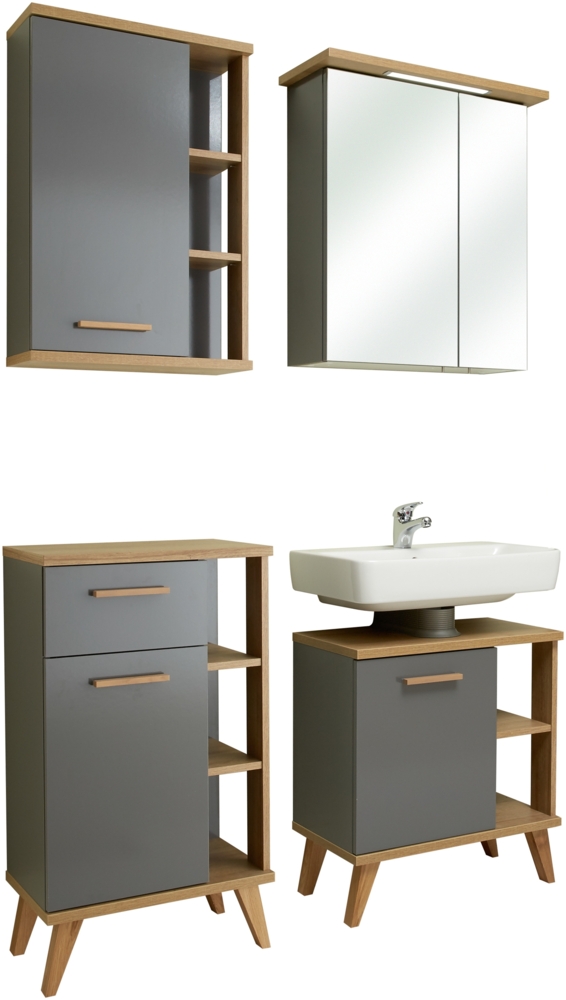Pelipal Badmöbel-Set, Quickset 924, Quarzgrau Glanz/Riviera Eiche - Waschbeckenunterschrank, Spiegelschrank, Unterschrank mit Regal, Hängeschrank mit Regal Bild 1