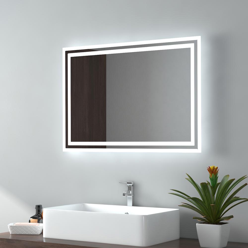 EMKE LED Badspiegel 70x50cm Kaltweiß/Warmweiß Licht, Knopfschalter, Beschlagfrei, IP44 Wasserdicht Wandspiegel Bild 1