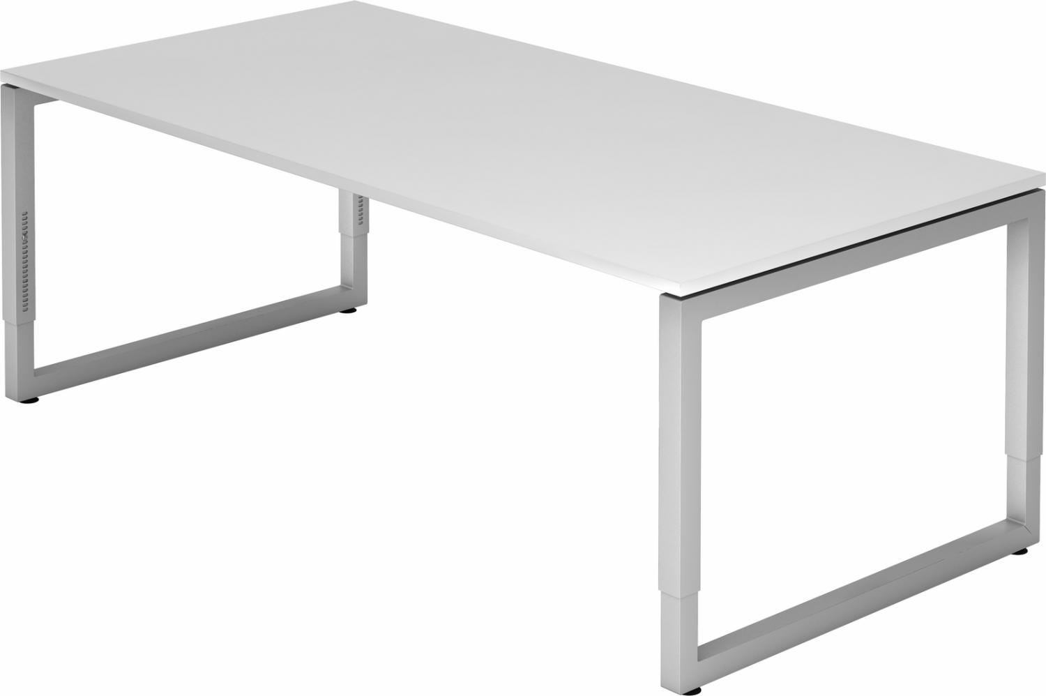 bümö höhenverstellbarer Schreibtisch R-Serie 200x100 cm in weiß, Gestell in Silber - großer PC Tisch für's Büro manuell höhenverstellbar, Computertisch verstellbar, RS-2E-W-S Bild 1