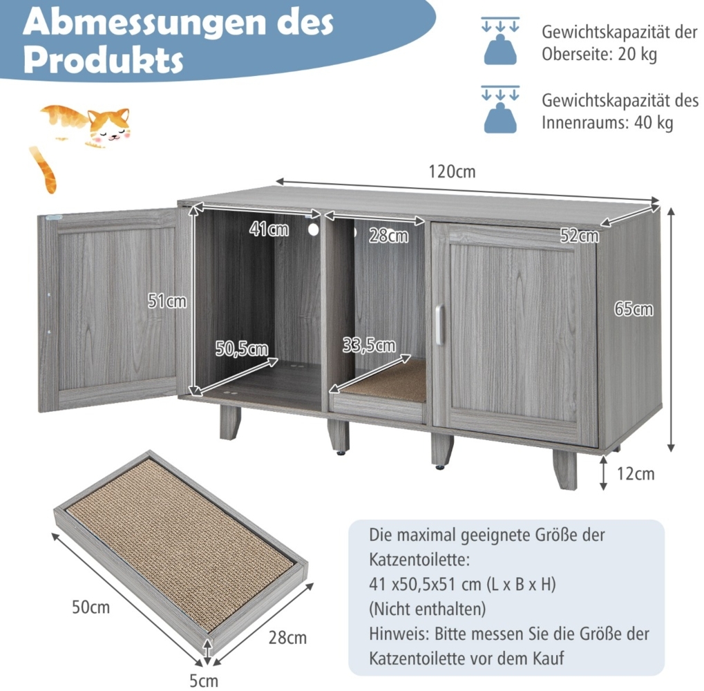 Katzenschrank für Katzentoilette mit Kratzbrett & 2 Türen & Eingang 120 x 52 x 65 cm Grau Bild 1