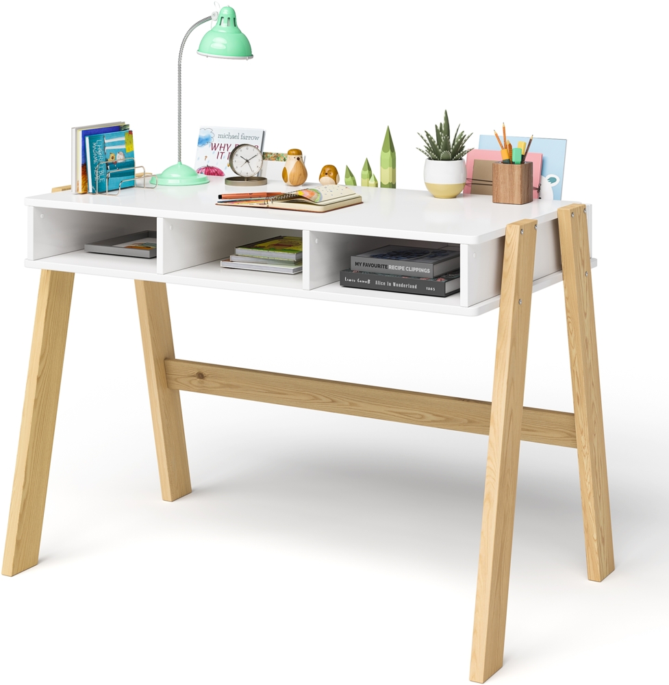 Bellabino 'Campo' Kinderschreibtisch, weiß/natur, mit 3 Ablagefächern und 3 Aufbewahrungsfächern, 75 x 59 x 93 cm Bild 1