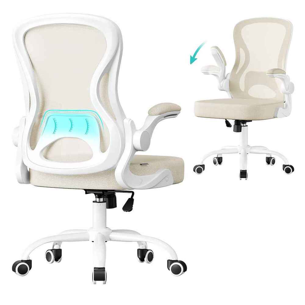 SONGMICS Bürostuhl ergonomisch, Drehstuhl mit Netzgewebe, Schreibtischstuhl mit Lendenstütze, Wippfunktion, klappbare Armlehnen, für Arbeitszimmer, Schlafzimmer, cappuccinobeige-wolkenweiß Bild 1