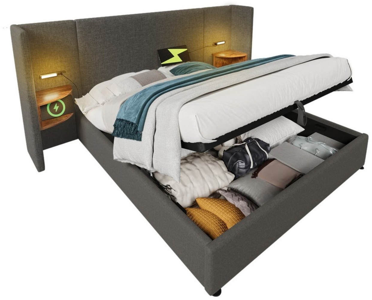 HAUSS SPOLE Polsterbett 180×200 mit Nachttisch, Leselampe und Ladefunktion Grau, Leinen (Struraumbett, Doppelbett, Funktionsbett, 1-tlg, 180×200cm, ohne Matratze), mit Nachttisch, Leselampe und USB Type-C Ladefunktion Bild 1