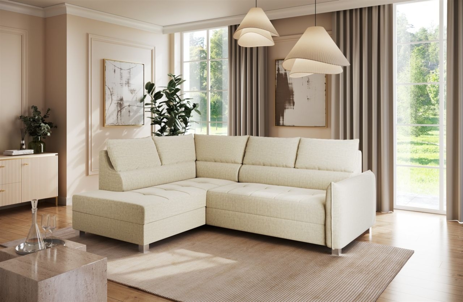 Ecksofa Schlafsofa Sofa MARNO in Stoff Vogue Creme Ottomane Links Bild 1
