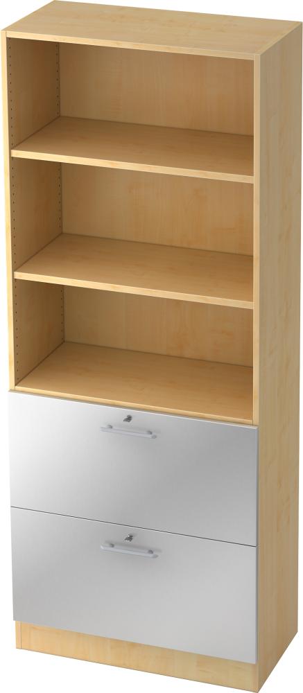 bümö office Aktenschrank mit Hängeregister-Schubladen abschließbar, Büroschrank Holz, 80cm breit in Ahorn/Silber - Hängeregistratur für Hängeordner, Büro Schrank mit Relinggriffen, 7300-3-S-RE Bild 1