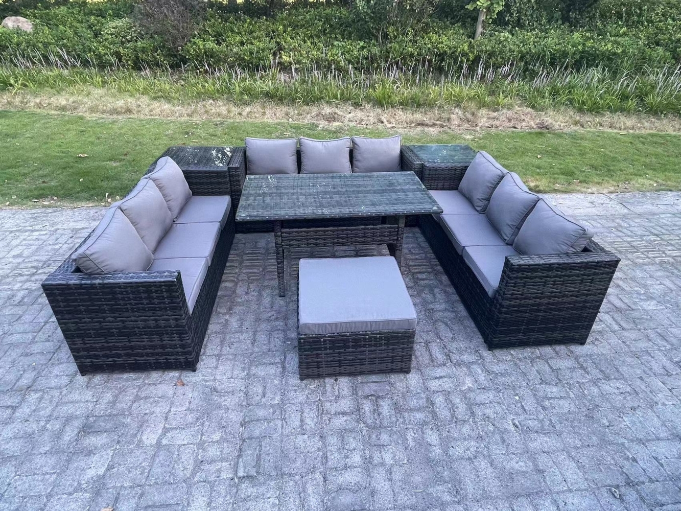 Fimous Outdoor Polyrattan Gartenmöbel Sofa Set Terrassen Rechteckiger Esstisch mit Großer Fußhocker 2 Beistelltisch 10 Sitzer Dunkelgrau gemischt Bild 1