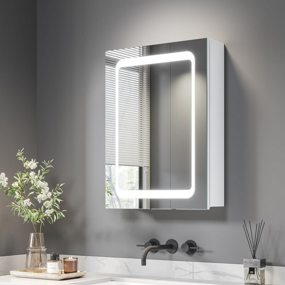 Dripex Badezimmerspiegelschrank Spiegelschrank mit Beleuchtung, Badezimmerschrank mit Spiegel mit Glasablage und Steckdose, Sensor-Schalter, Beschlagfrei, weiß Bild 1