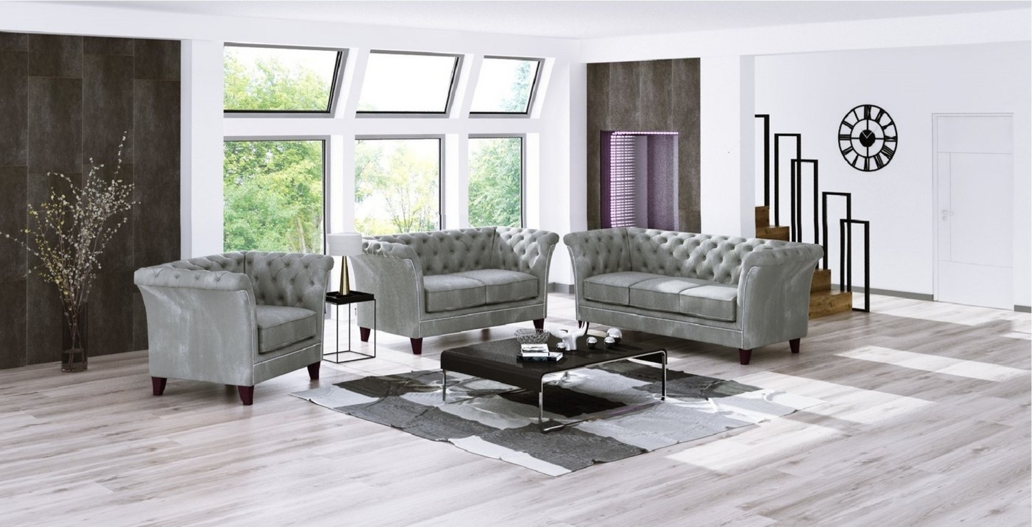 S-Style Möbel Polstergarnitur Chesterfield Rainsburg 3+2+1 aus Samt-Stoff mit Holzfüßen, (1x 3-Sitzer-Sofa, 1x 2-Sitzer-Sofa, 1x Sessel), mit Wellenfederung Bild 1