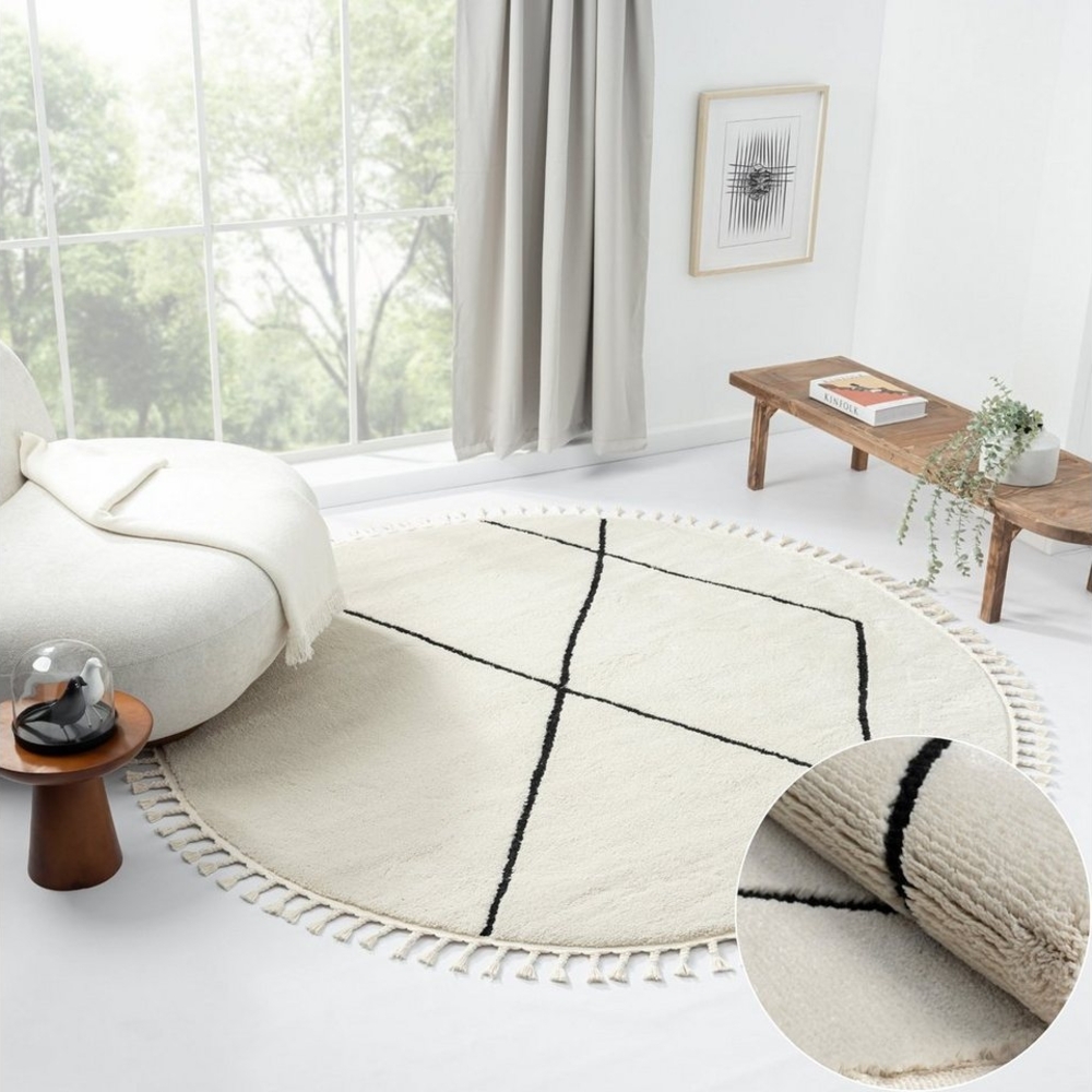 Wohnando Teppich MY-RUG Thea, Hochflor-Teppich 140x140cm, Rund, Höhe: 20 mm, modern, marokkanisches Design, flauschig weich, Skandi-Rautenmuster Bild 1