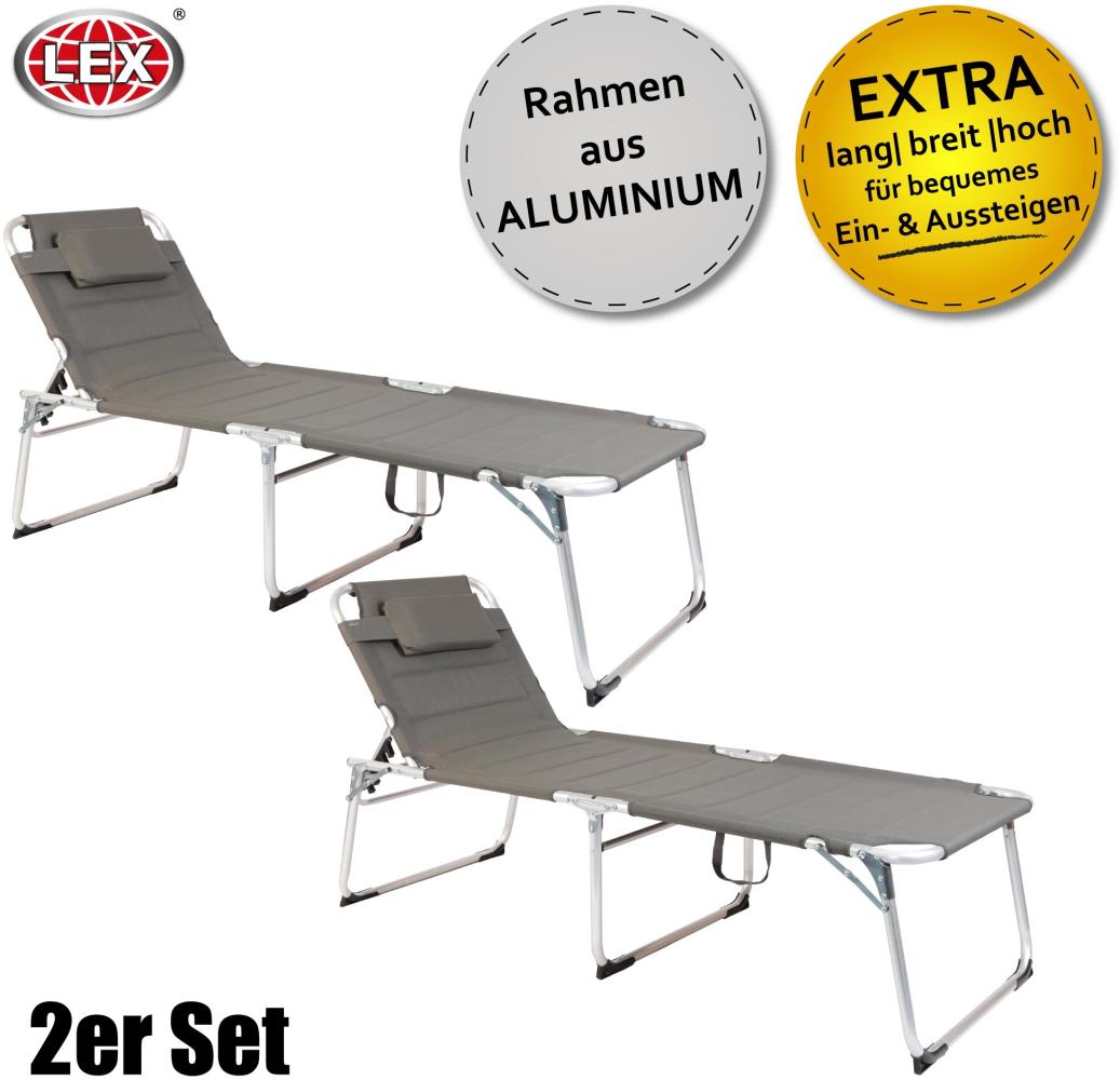 2er-Set XXL 2 m Aluminium Gartenliege Sonnenliege gepolstert Kopfkissen klappbar Grau Bild 1