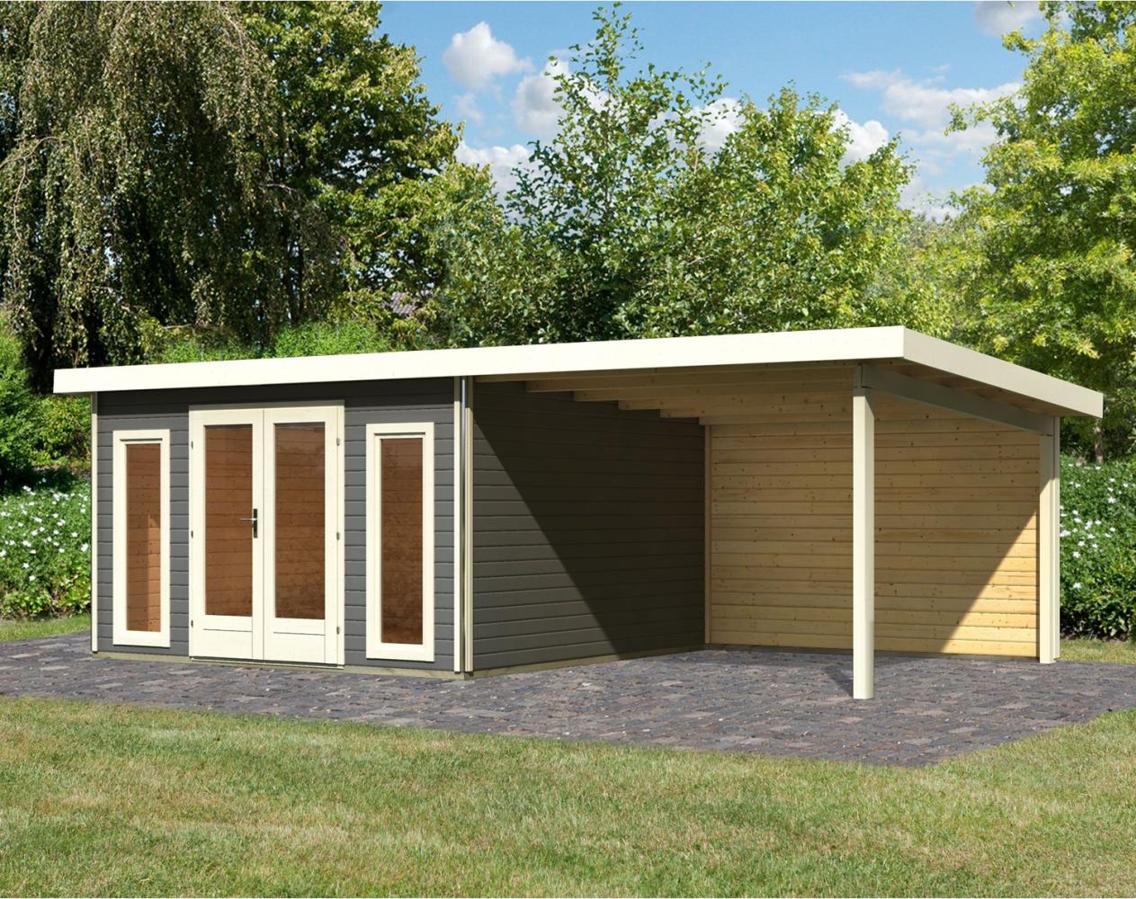 Gartenhaus Radeburg 3 - 369x369 cm plus Anbaudach 3,30m mit Rückwand, 40 mm Holz terragrau, Karibu Bild 1